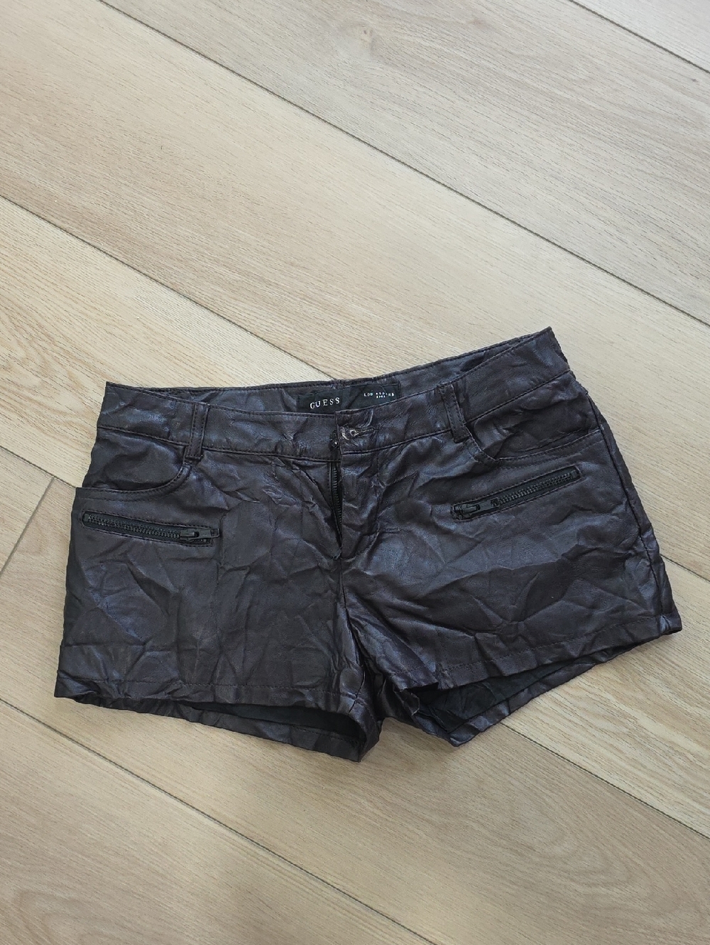 GUESS Women's Black Faux Leather Low Waist Shorts